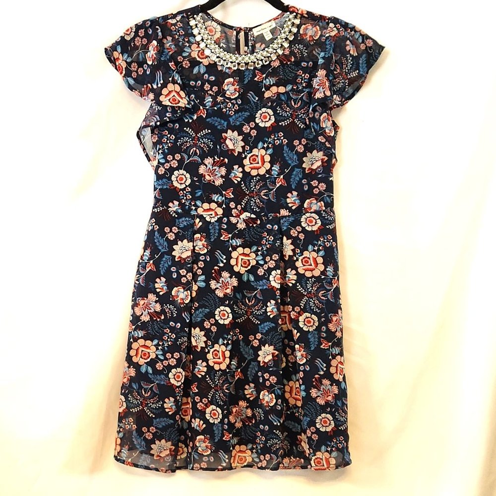 Monteau Girl Navy Floral Print Flutter Sleeve Dress with Beaded & Rhinestone Nec